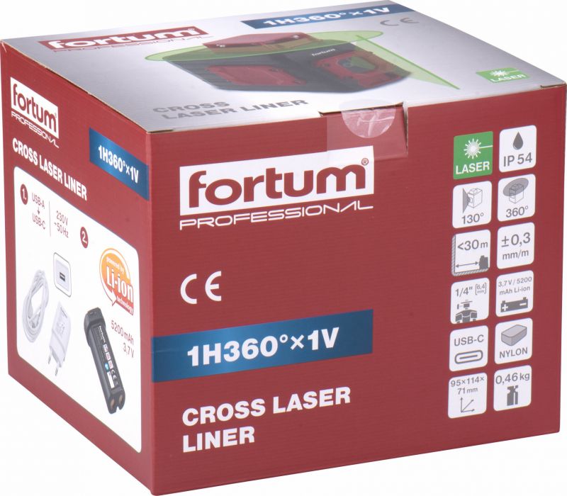 FORTUM Laser líniový samonivelačný 1D-1V (1H360-1V), zelený laser, pulz, 5,2Ah Li-ion aku