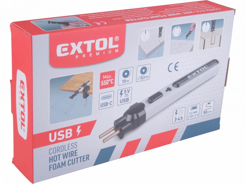 EXTOL PREMIUM Pero vyrezávacie na polystyrén AKU, 2Ah. USB nabíjanie