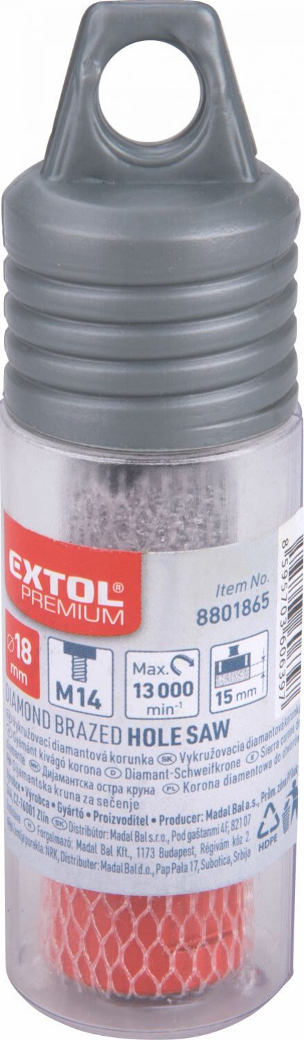 EXTOL PREMIUM Vrták korunkový diamantový do uhlovej brúsky, 18mm