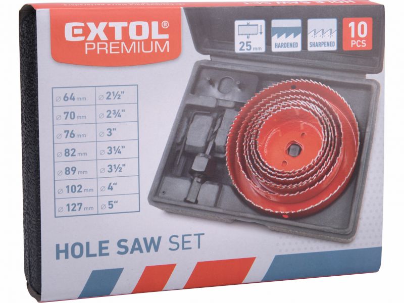 EXTOL PREMIUM Píla do dreva dierovacia, 10ks, 64-70-76-82-89-102-127mm, hĺbka 25mm