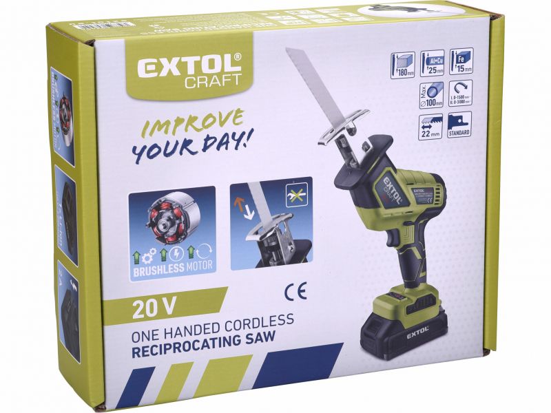 EXTOL CRAFT Píla chvostová AKU bezuhlíková, 20V, 2Ah, Li-on, 2A nabíjačka
