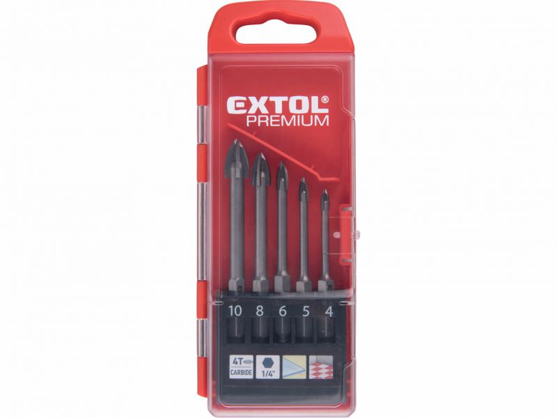 EXTOL PREMIUM Vrták do skla 4-5-6-8-10, šesťhranná stopka 1/4, sada 5ks