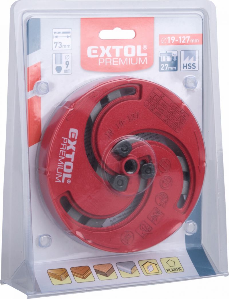 EXTOL PREMIUM Vyrezávač otvorov trojramenný nastaviteľný, priemer 19-127mm, Bi-metal nože, hliníková základňa