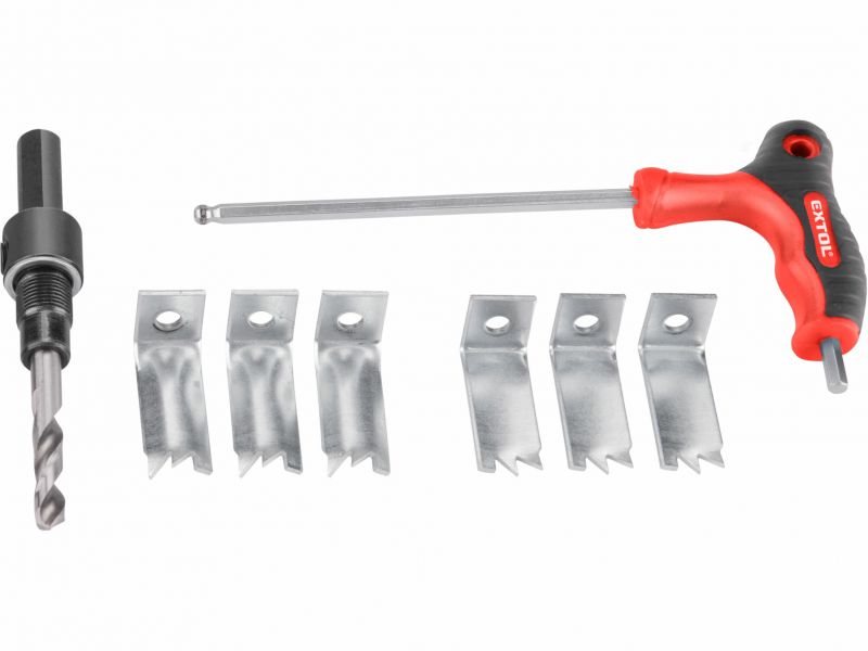 EXTOL PREMIUM Vyrezávač otvorov trojramenný nastaviteľný, priemer 19-127mm, Bi-metal nože, hliníková základňa