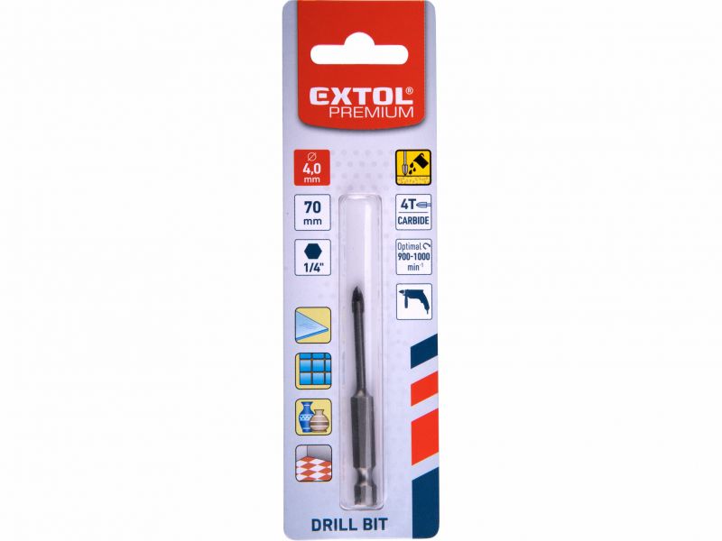 EXTOL PREMIUM Vrták do skla 4x74mm, šesťhranná 1/4 stopka