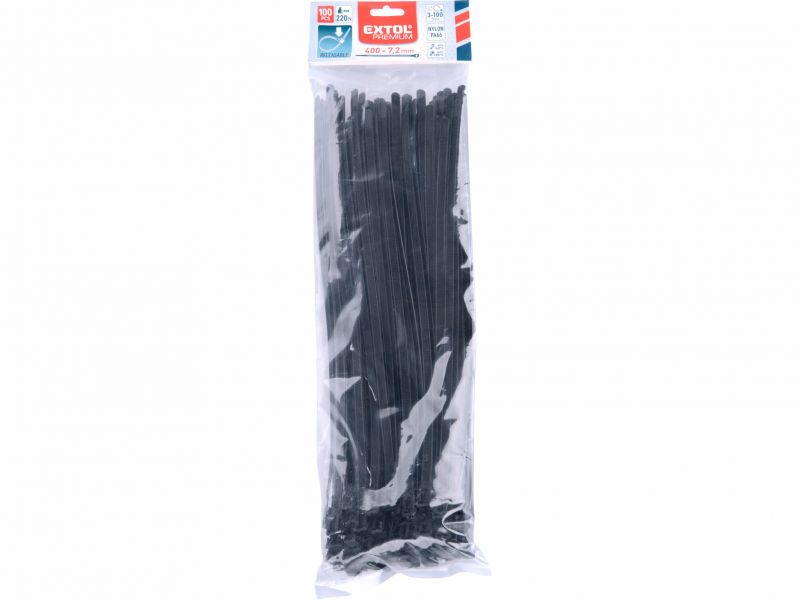 EXTOL PREMIUM Pásky sťahovacie, 7,2x400mm, 100ks, čierne, 22kg, rozpojiteľné