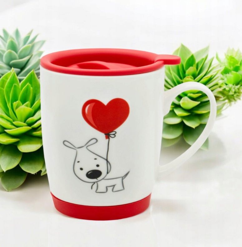Kinekus Hrnček s uzáverom 350ml, valentínsky dekor, psík s balónom