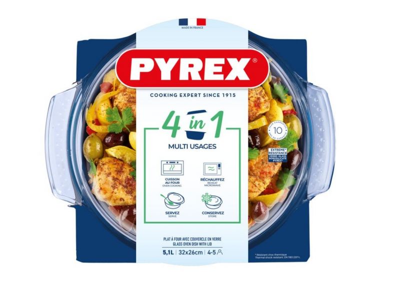 Misa zapekacia okrúhla s pokrievkou, 32x26x14cm, 3,7L+1,4L, sklo číre PYREX, spevnený obal