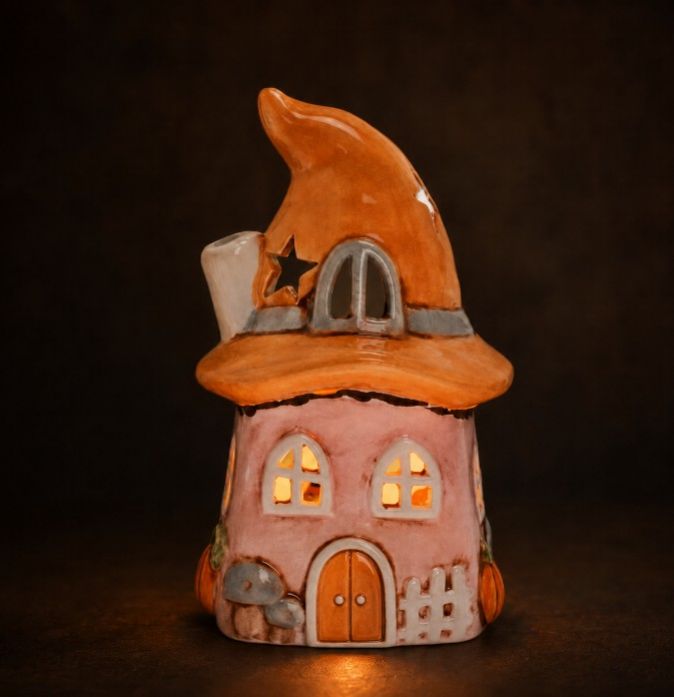 Dekorácia domček / svietnik 13 cm keramika hnedo-ružový