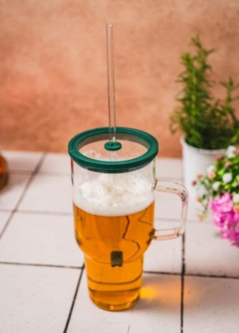 Kinekus Hrnček sklenený 1,1l s vekom a sklenenou slamkou ROL