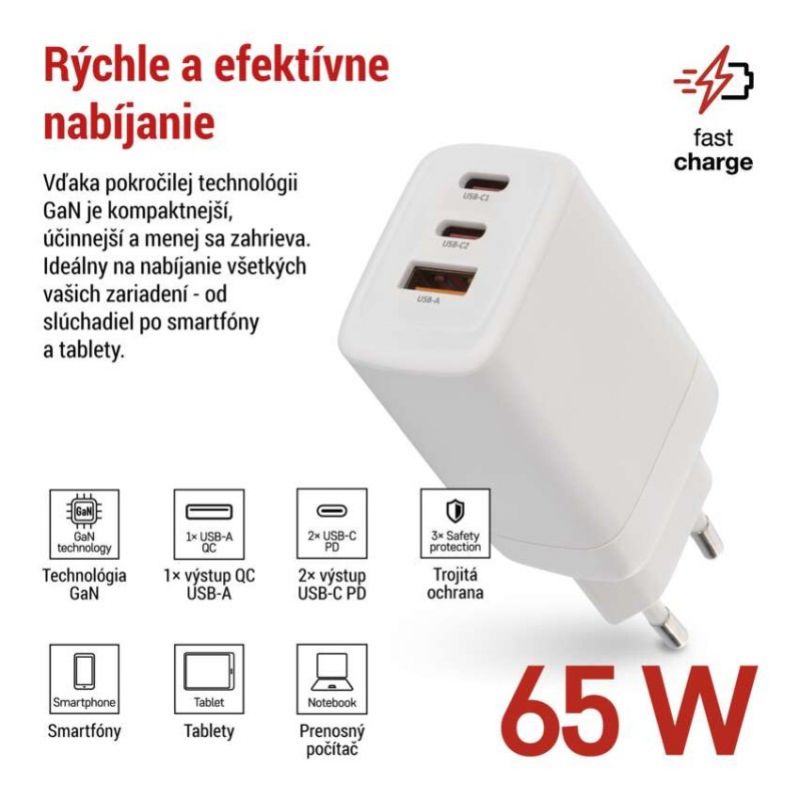 EMOS Adaptér USB univerzálny GaN do siete PD 65 W max