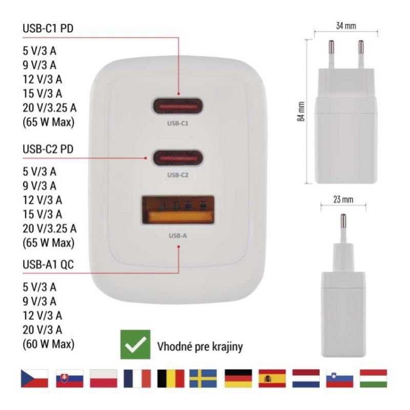 EMOS Adaptér USB univerzálny GaN do siete PD 65 W max