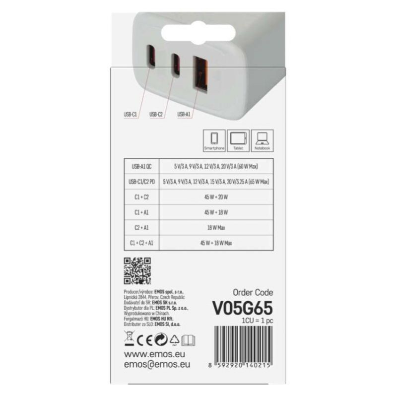 EMOS Adaptér USB univerzálny GaN do siete PD 65 W max