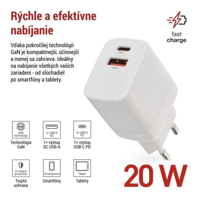 EMOS Adaptér USB univerzálny GaN do siete PD 20 W max