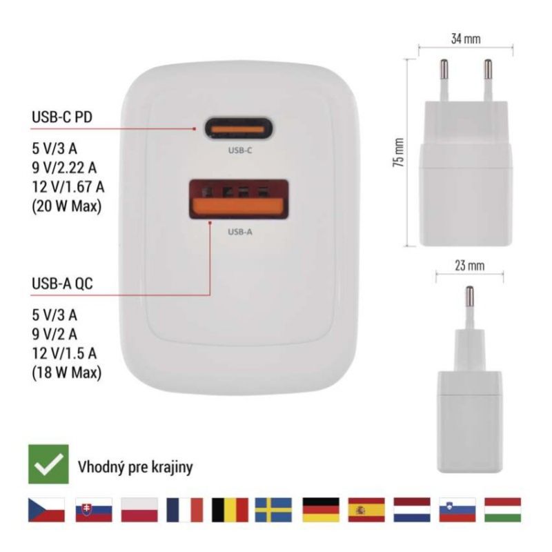 EMOS Adaptér USB univerzálny GaN do siete PD 20 W max