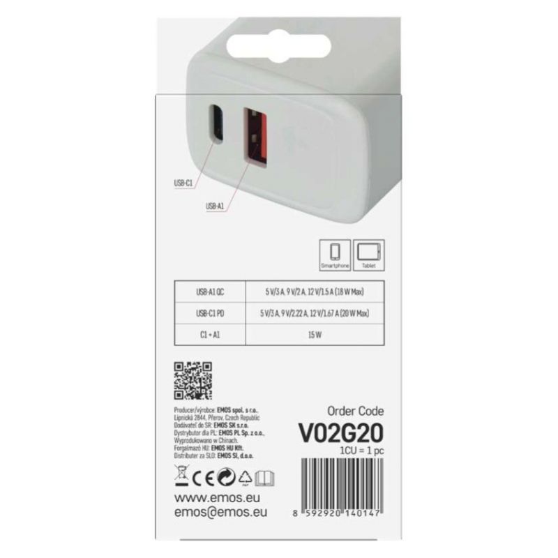 EMOS Adaptér USB univerzálny GaN do siete PD 20 W max