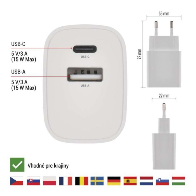 EMOS Adaptér USB univerzálny BASIC do siete 15 W max.