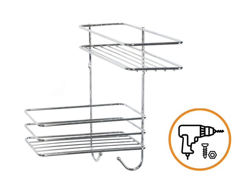 Kinekus Polička kúpeľňová 2-poschodová + 2 vešiaky, drôt 26,5x26,5x31cm