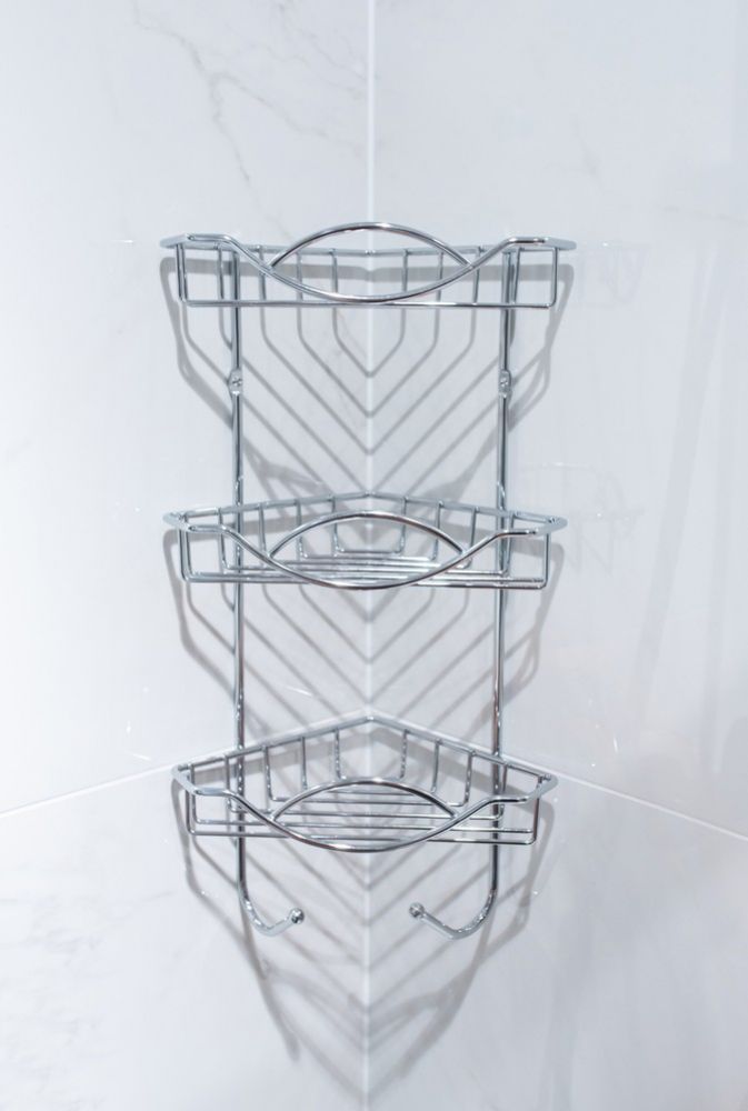 Kinekus Polička kúpeľňová 3- poschodová + vešiak, rohová, chróm, 22,5x14,8x43cm