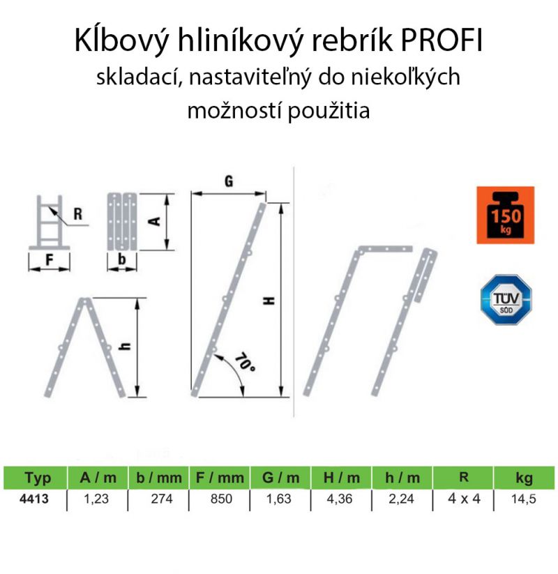 ITOSS Rebrík hliníkový, PROFI, 4x4, kĺbový, štvordielny
