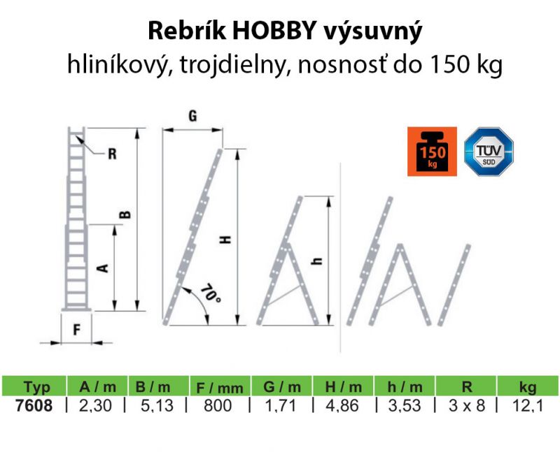 Rebrík hliníkový HOBBY 3x8, trojdielny, univerzálny, výsuvný foto5