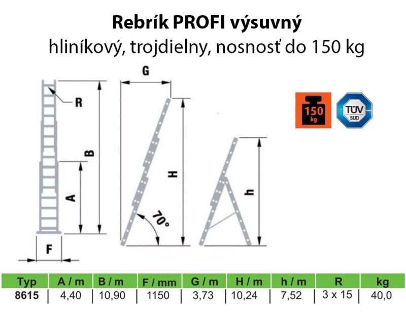 ITOSS Rebrík hliníkový PROFI 3x15, trojdielny, univerzálny, výsuvný