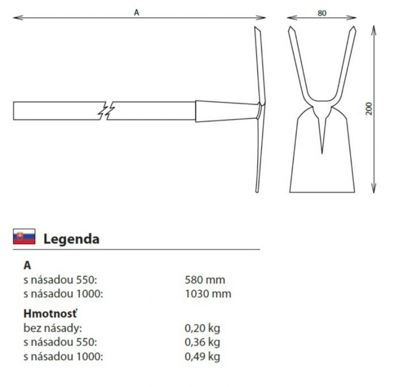 Motyčka s násadou, plochá, 2-zubová, 100cm