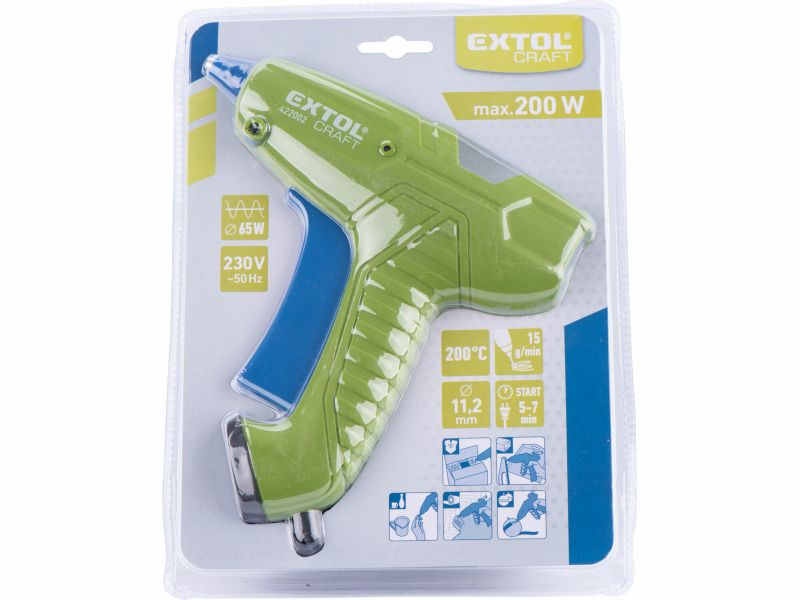 EXTOL CRAFT Lepiaca tavná pištoľ, max. príkon 200W, pracovný príkon 65W, tavné tyčinky, priemer 11,2mm