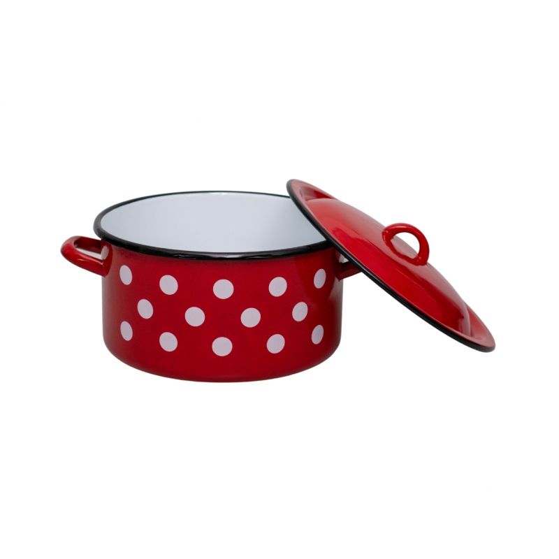 Hrniec smaltovaný s pokrievkou, priemer 18cm, objem 2,6L, červený, dekor BODKY