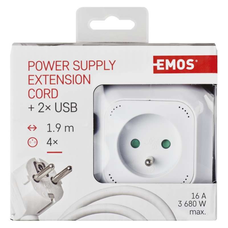 EMOS Rozbočovacia kocka s predlžovacím prívodom – 4 zásuvky + 2× USB, 1,9m