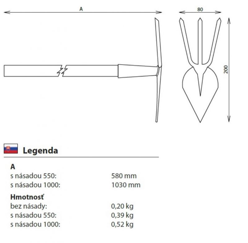 Motyčka špicatá s 3 zubami s násadou 550 mm