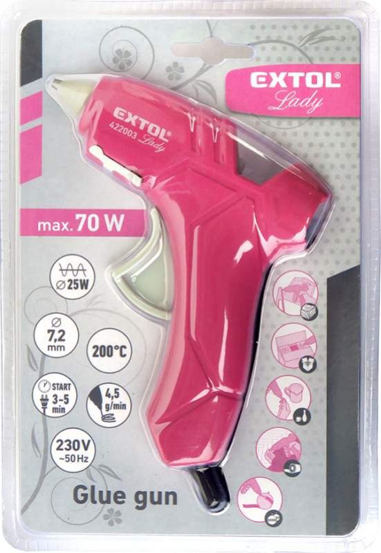 EXTOL LADY Pištoľ lepiaca tavná ružová, max. 70W, pracovný príkon 25W, tavné tyčinky pr.7,2mm