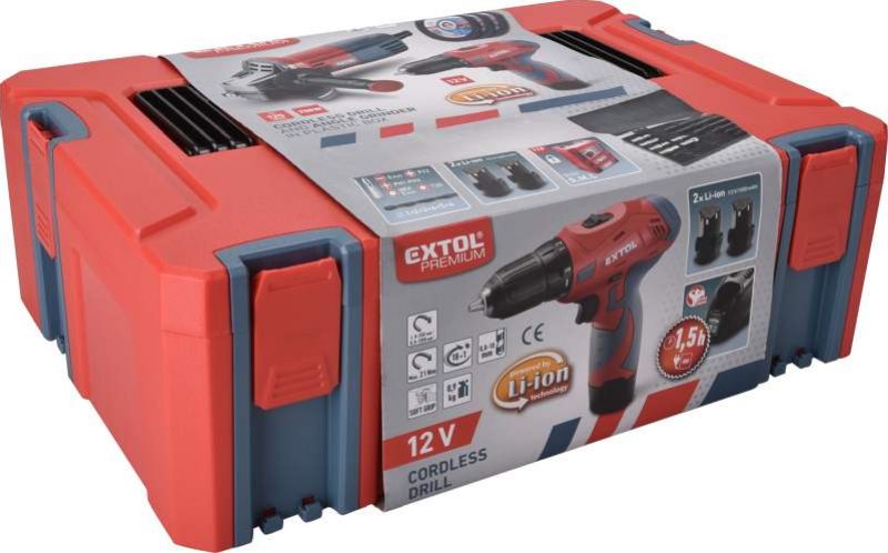 EXTOL PREMIUM Sada elektronáradia v kufríku: aku vŕtačka 2x12V Li-ion, 1,3Ah a uhlová brúska 125 mm