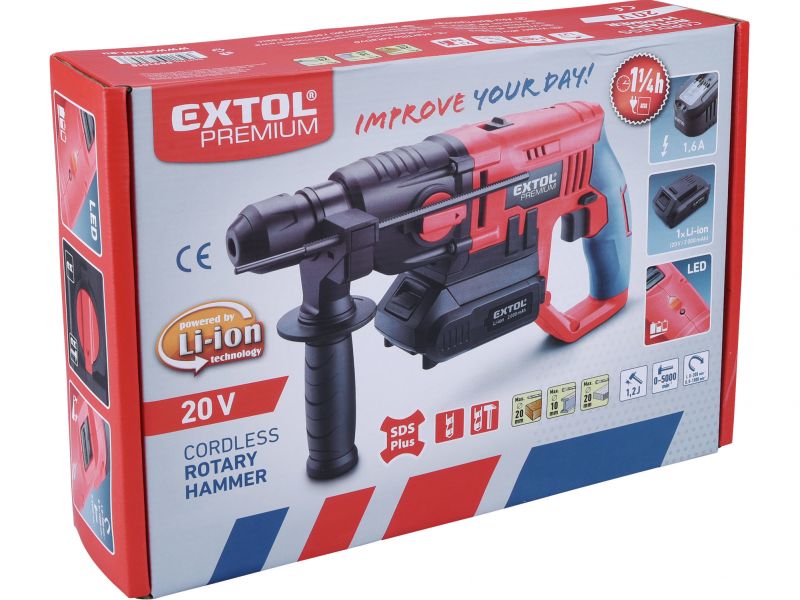 EXTOL PREMIUM Kladivo aku vŕtacie 20V SDS+ 1,2J 1x2Ah li-ion rýchlonab.
