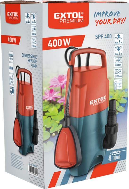 EXTOL PREMIUM Ponorné kalové čerpadlo, príkon 400 W, max. prepravný objem 8000l/hod., 10 m