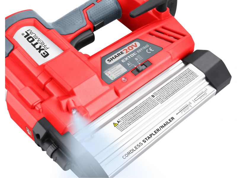 EXTOL PREMIUM Akumulátorová klincovačka / sponkovačka Share 20V, 1x 2Ah Li-ion, 2,4 A nabíjačka, klince 40 mm, spony 50 mm