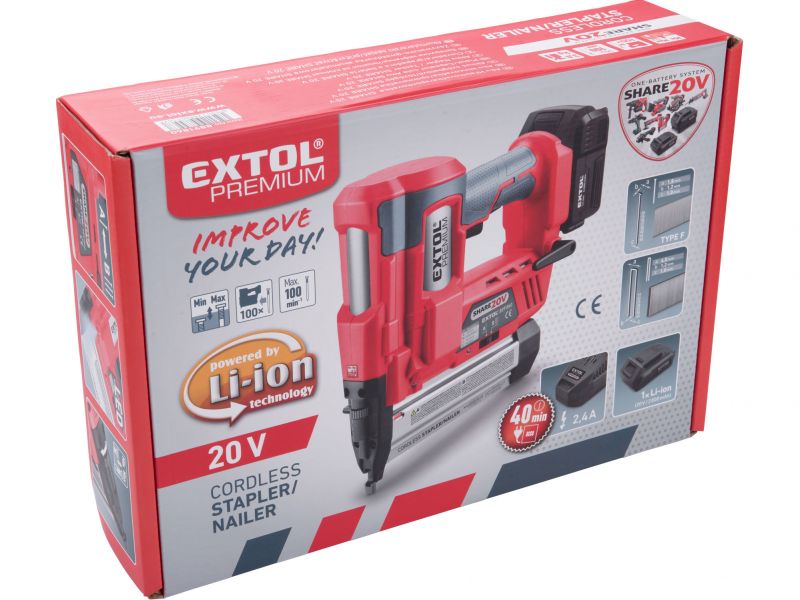 EXTOL PREMIUM Akumulátorová klincovačka / sponkovačka Share 20V, 1x 2Ah Li-ion, 2,4 A nabíjačka, klince 40 mm, spony 50 mm