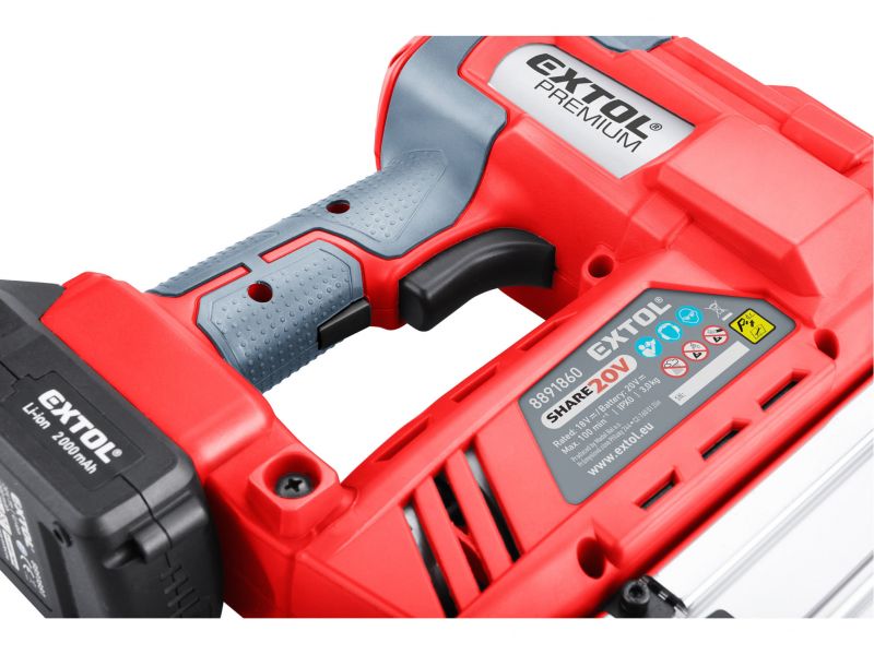 EXTOL PREMIUM Akumulátorová klincovačka / sponkovačka Share 20V, 1x 2Ah Li-ion, 2,4 A nabíjačka, klince 40 mm, spony 50 mm