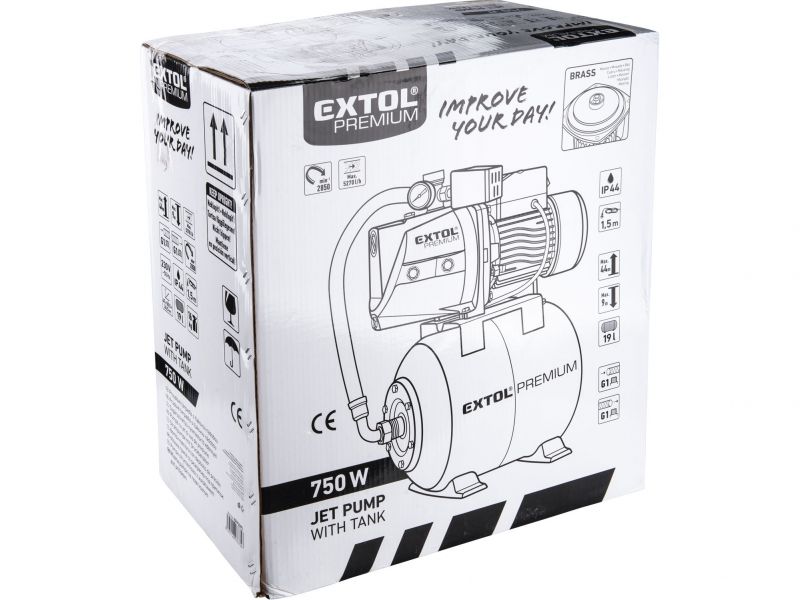 EXTOL PREMIUM Domáca vodáreň, príkon 750 W, max. prepravný objem 5270 l/hod., max. výtlačná výška 44 m, objem nádrže 19 l