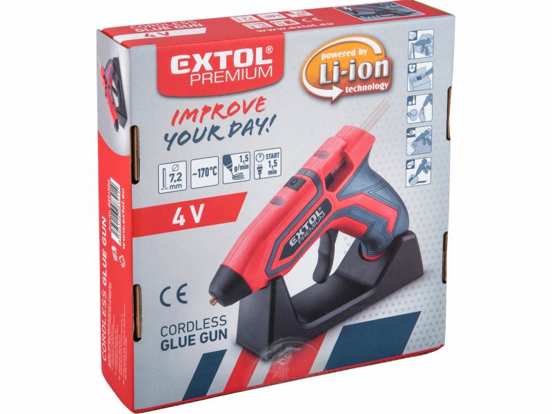 EXTOL PREMIUM Lepiaca tavná akumulátorová pištoľ, 3,7 V / 1,5 Ah, tyčinka 7,2 mm