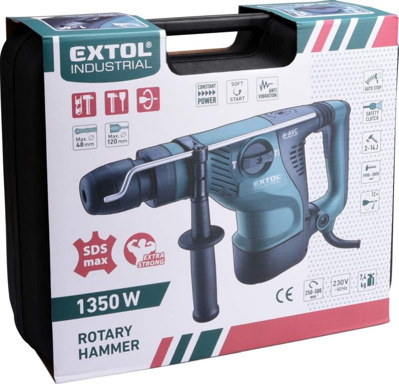 EXTOL INDUSTRIAL Kladivo vŕtacie a sekacie, SDS-max, príkon 1350 W, 14 J, antivibračná rukoväť