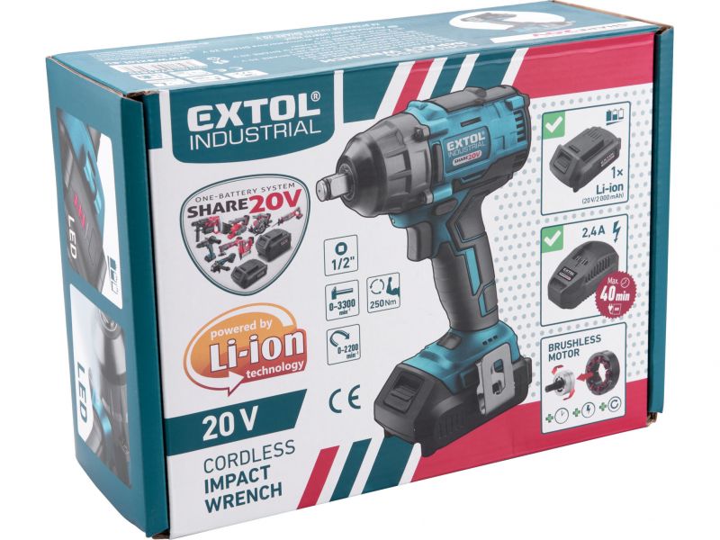 EXTOL INDUSTRIAL Rázový akumulátorový uťahovák Share 20 V, 1/2-, bezuhlíkový motor, 1 x 2Ah Li-ion, 2,4A nabíjačka, 250Nm foto4