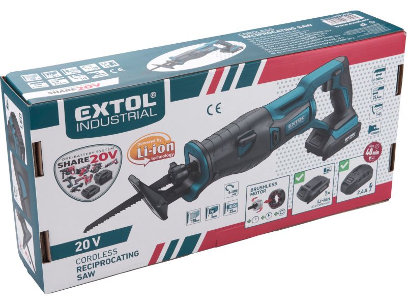 EXTOL INDUSTRIAL Píla chvostová, Share20V, 1x akumulátor 2Ah Li-ion, 28 mm