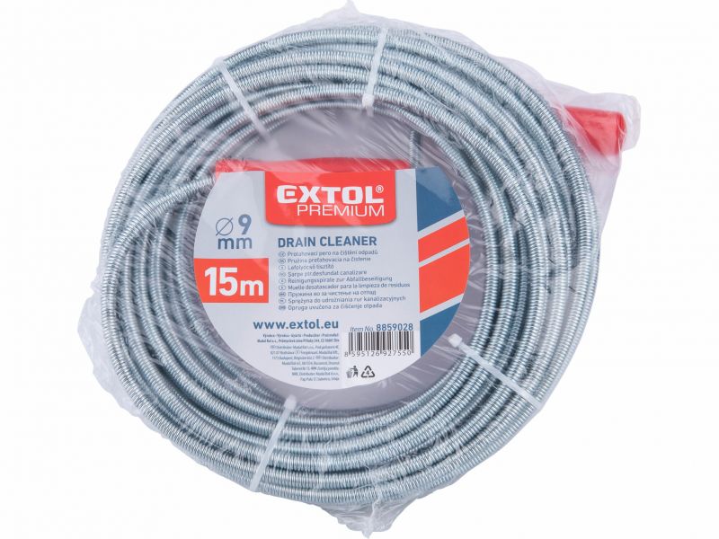 EXTOL PREMIUM Pružina kanalizačná 15m, priemer 9mm, krtko na čistenie odpadov, pochromovaná, Extol Premium