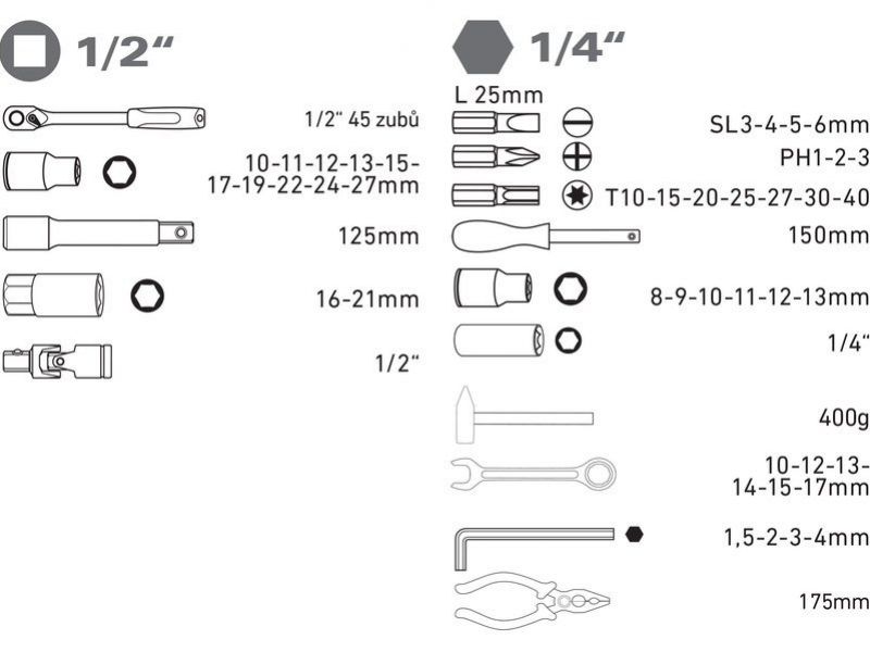 EXTOL PREMIUM Sada náradia 56 diel. 1/2" a 1/4" skrutkovač, kliešte, kľúče, kladivo