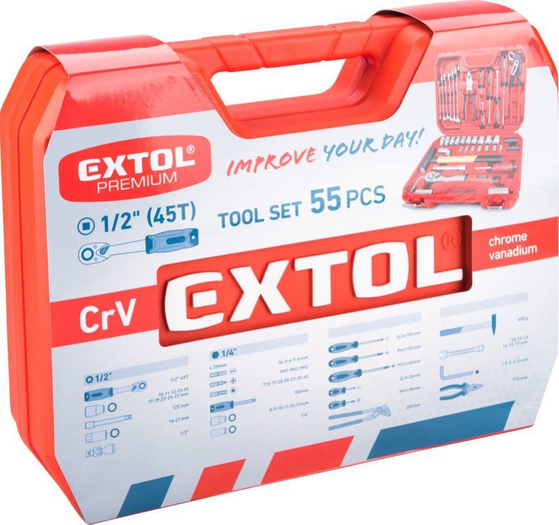EXTOL PREMIUM Sada náradia 56 diel. 1/2" a 1/4" skrutkovač, kliešte, kľúče, kladivo