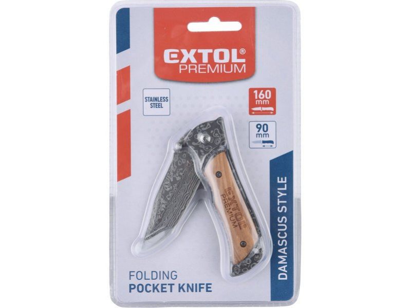 EXTOL PREMIUM Nož zatvárací s poistkou 160mm, vzor damašková oceľ, klip na opasok