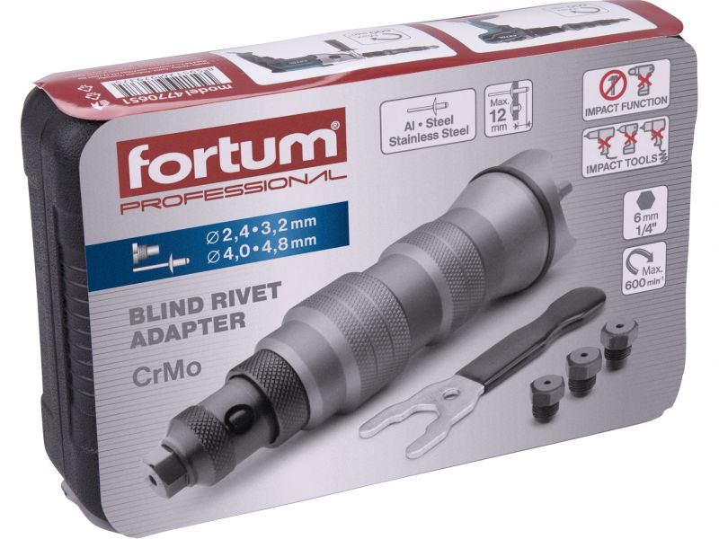 FORTUM Nadstavec na nitovanie do vŕtačky, pr.2,4-4,8mm, CrMoV