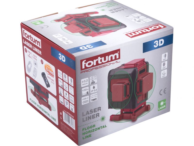 FORTUM Vodováha laserová krížová samonivelačná, 3D (3x360°), zelený lúč, Li-ion akumulátor, USB nabíjanie