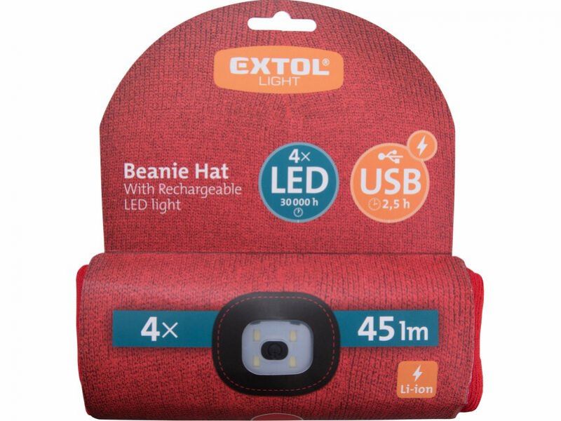 EXTOL LIGHT Čiapka s čelovým svetlom, 4xLED, 45lm, 300mAh Li-ion, červená, nabíjanie cez USB